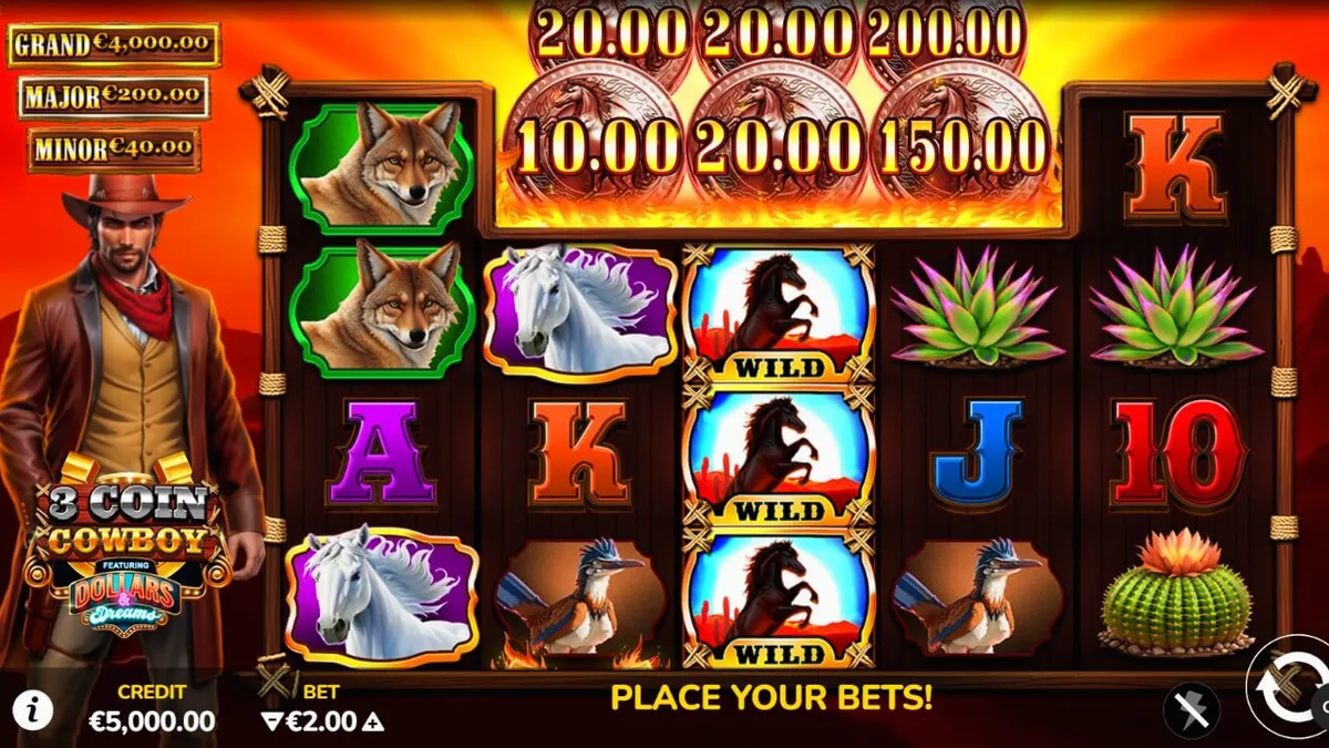 Interface do jogo 3 Coin Cowboy Dollars & Dreams em um smartphone moderno
