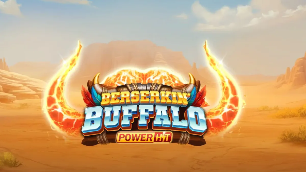 Interface do jogo de slot Beserkin’ Buffalo Power Hit com símbolos de animais selvagens e tempestade ao fundo.